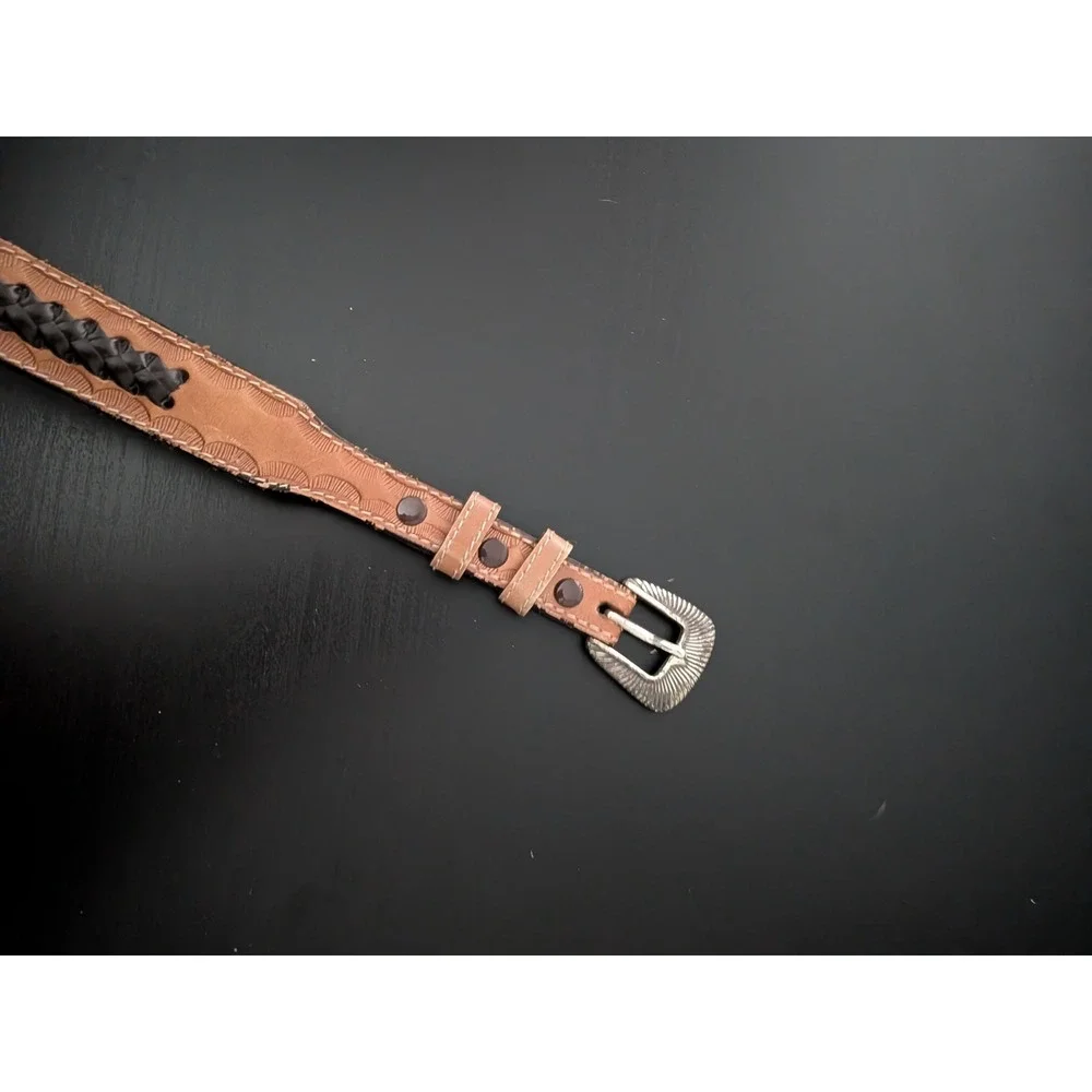 Vintage Womens Hand Tooled Leather Belt Western Woven Design 38